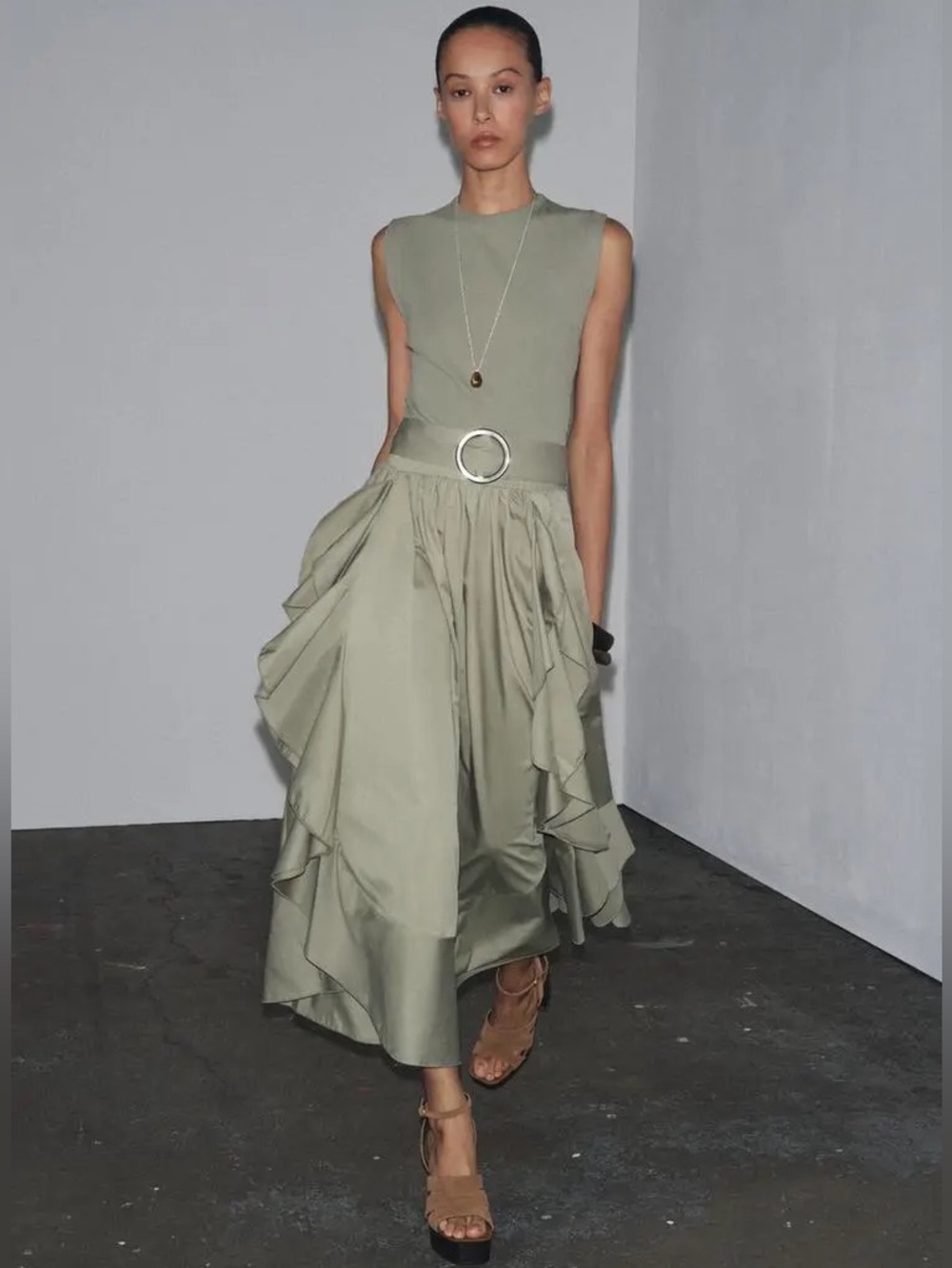 Zara NEW CottonCombined Midi Dress Sleeveless Belted Buckle Appliqué Moss Green